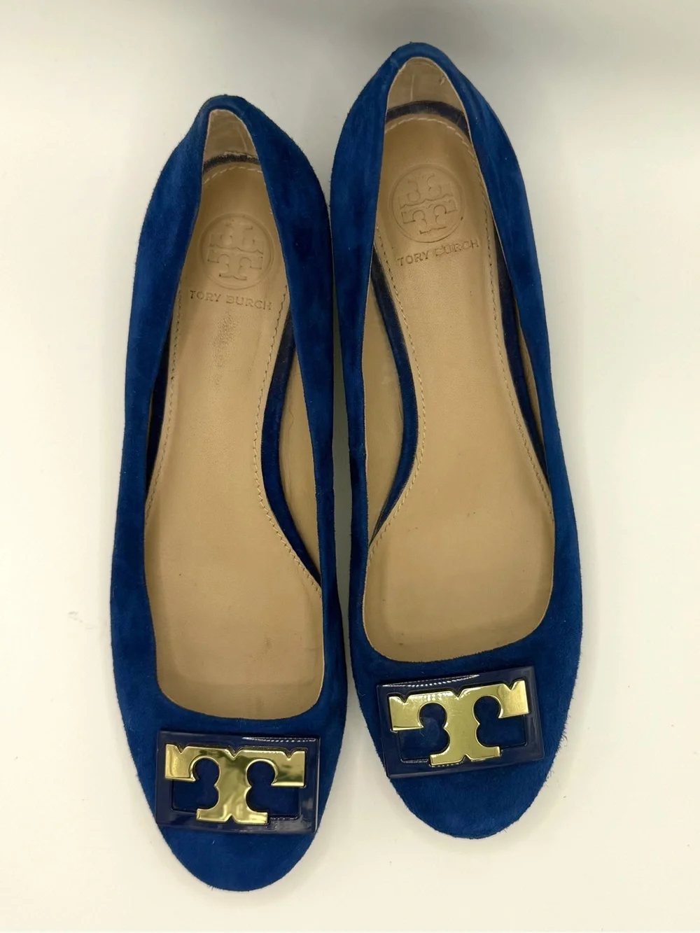 Tory Burch “Gigi” Navy Suede Pumps with Block Heel and Gold T Logo at the Toe